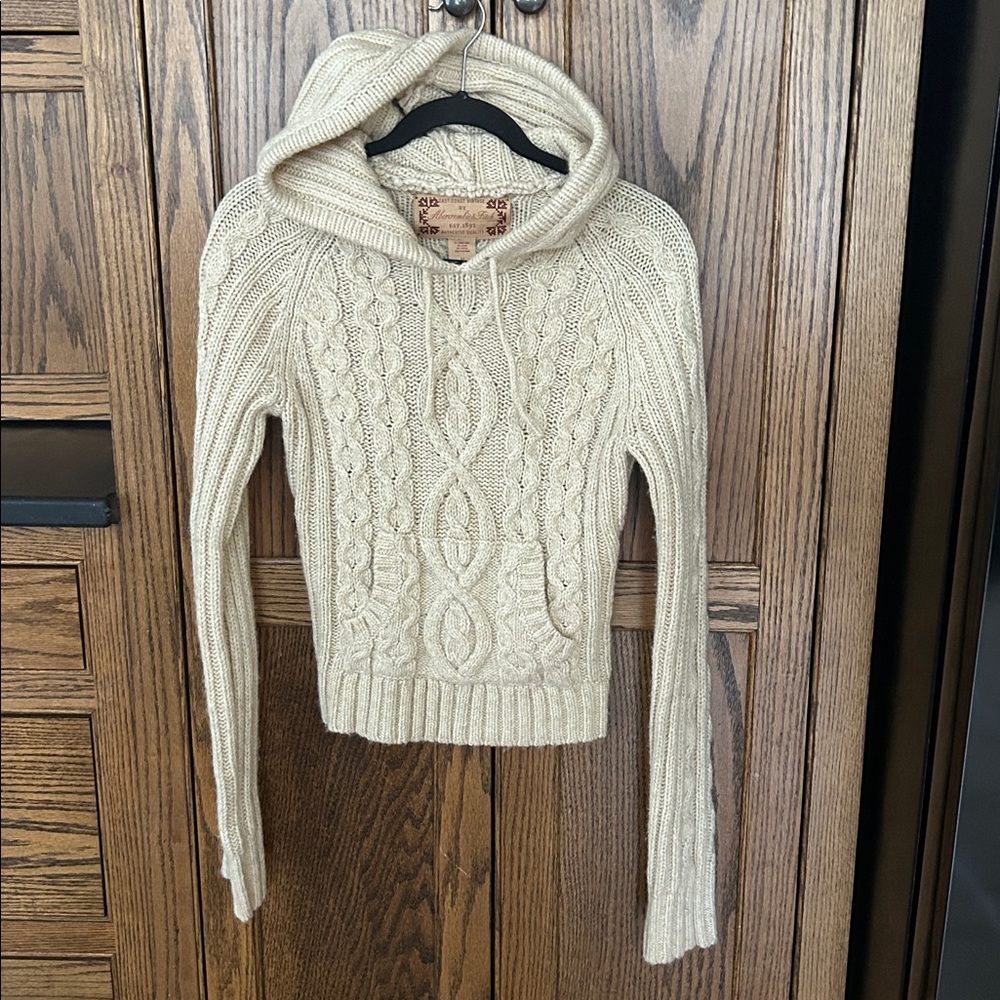 Abercrombie &‎ Fitch VTG Y2K Cable Knit Hoodie Hooded Sweater Cream Medium